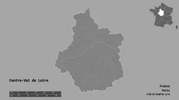 フランスの地方 ロワール中心部の形で その首都はしっかりとした背景に孤立しています 距離スケール リージョンプレビュー およびラベル 標高マップ 3Dレンダリング — ストック写真