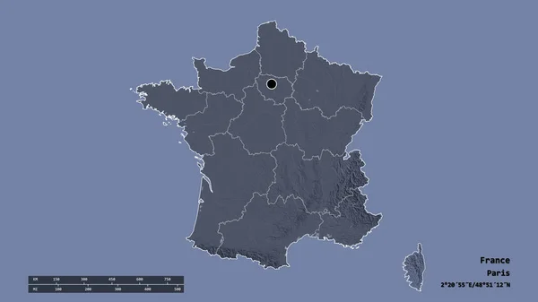 Forme Désaturée France Avec Capitale Principale Division Régionale Corse Séparée — Photo