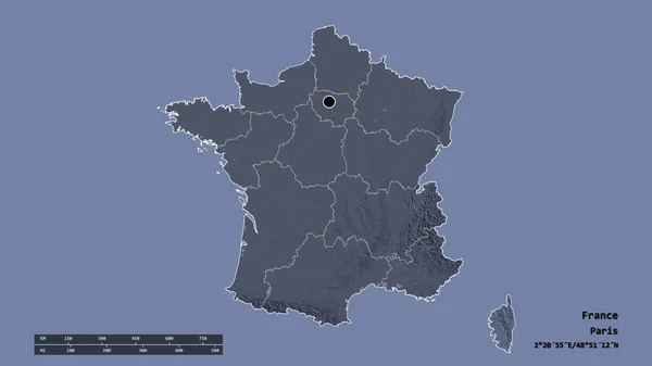 Desaturerad Form Frankrike Med Dess Huvudstad Huvudsakliga Regionala Indelning Och — Stockfoto