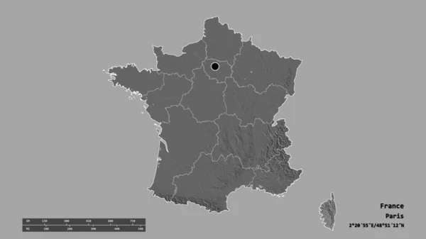 Ослабленная Форма Франции Столицей Основным Региональным Делением Отделенной Корсикой Областью — стоковое фото