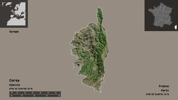 科尔斯的形状 法国的区域 和它的首都 距离刻度 预览和标签 卫星图像 3D渲染 — 图库照片