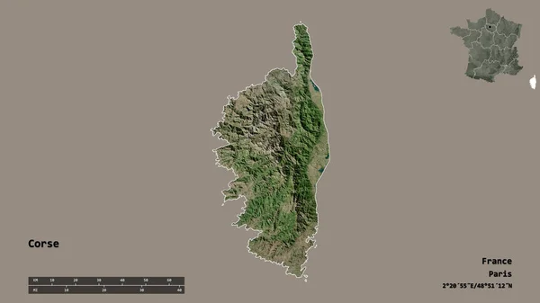 科尔斯的形状 法国的区域 它的首都孤立的坚实的背景 距离尺度 区域预览和标签 卫星图像 3D渲染 — 图库照片