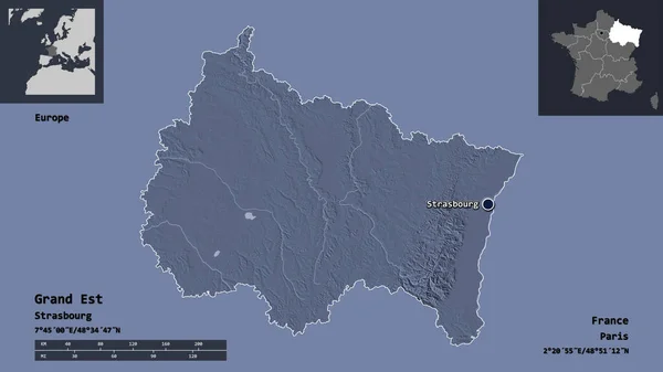 グランドイーストの形状 フランスの地域 およびその首都 距離スケール プレビューおよびラベル 色の標高マップ 3Dレンダリング — ストック写真