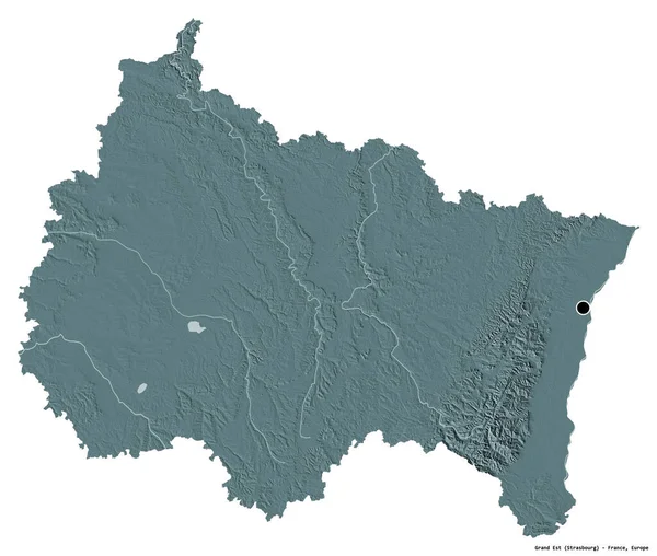 白い背景に首都が孤立しているフランスの地域であるグランド イーストの形 色の標高マップ 3Dレンダリング — ストック写真