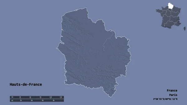 フランスの領域であるオート フランスの形で その首都はしっかりとした背景に隔離されています 距離スケール リージョンプレビュー およびラベル 色の標高マップ 3Dレンダリング — ストック写真