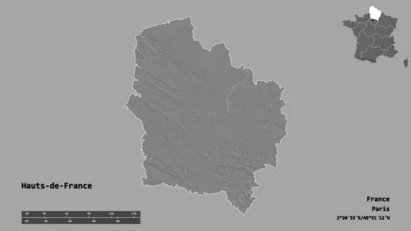 フランスの領域であるオート フランスの形で その首都はしっかりとした背景に隔離されています 距離スケール リージョンプレビュー およびラベル 標高マップ 3Dレンダリング — ストック写真