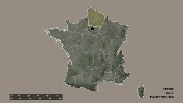 以首都 主要区域分部和分离的上法兰西地区为首都的法国的专制形态 卫星图像 3D渲染 — 图库照片