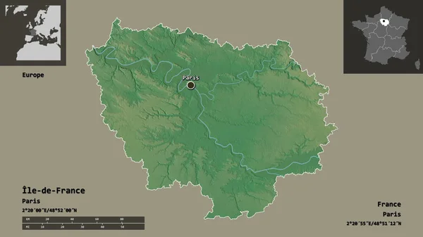 Shape of Ile-de-France, region of France, and its capital. Distance scale, previews and labels. Topographic relief map. 3D rendering