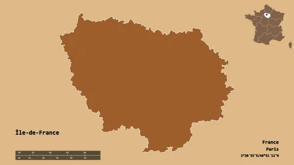 フランスの領域であるイル フランスの形で その首都はしっかりとした背景に隔離されています 距離スケール リージョンプレビュー およびラベル パターン化されたテクスチャの構成 3Dレンダリング — ストック写真