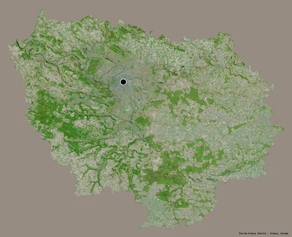 Shape of Ile-de-France, region of France, with its capital isolated on a solid color background. Satellite imagery. 3D rendering