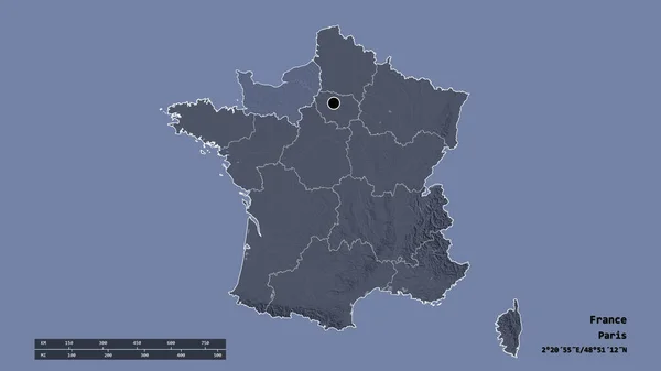 主要な地域部門 分離されたノルマンディー地域とフランスの荒廃した形 ラベル 色の標高マップ 3Dレンダリング — ストック写真