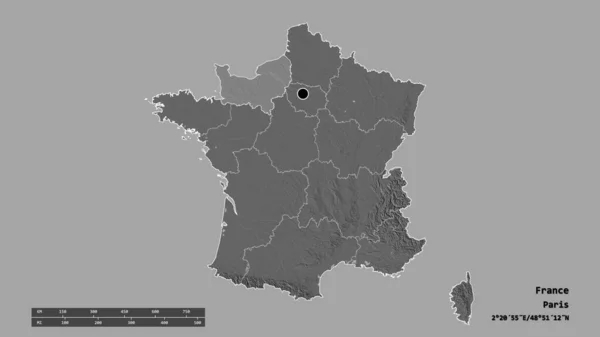 主要な地域部門 分離されたノルマンディー地域とフランスの荒廃した形 ラベル 標高マップ 3Dレンダリング — ストック写真