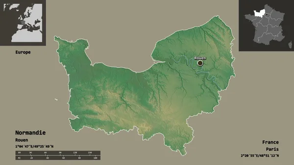 Shape Normandie Region France Its Capital Distance Scale Previews Labels — Stock Photo, Image