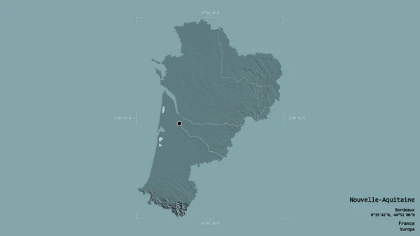フランスの領域であるヌーヴェル アキテーヌの領域は 洗練された境界の箱の中にしっかりとした背景に隔離されています ラベル 色の標高マップ 3Dレンダリング — ストック写真