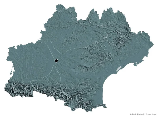 Форма Окситании Региона Франции Столицей Изолированной Белом Фоне Цветная Карта — стоковое фото