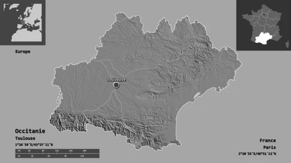 Shape Occitanie Region France Its Capital Distance Scale Previews Labels — Stock Photo, Image