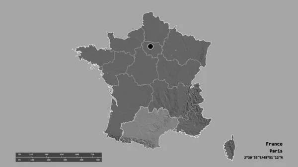 主要な地域部門と分離されたオクシタニー地域とフランスの荒廃した形 ラベル 標高マップ 3Dレンダリング — ストック写真