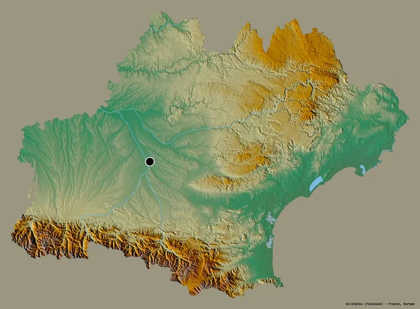 Форма Окситании Региона Франции Столицей Изолированной Сплошном Цветном Фоне Топографическая — стоковое фото