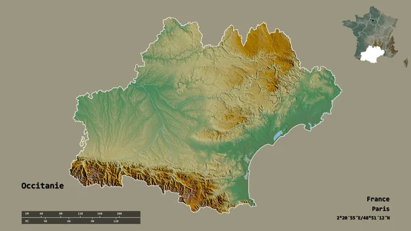 Fransa 'nın Occitanie bölgesi, başkenti sağlam bir zemin üzerinde izole edilmiş. Uzaklık ölçeği, bölge önizlemesi ve etiketleri. Topografik yardım haritası. 3B görüntüleme