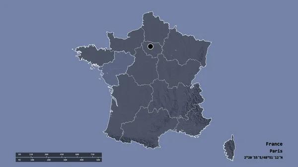 Forme Désaturée France Avec Capitale Principale Division Régionale Région Séparée — Photo