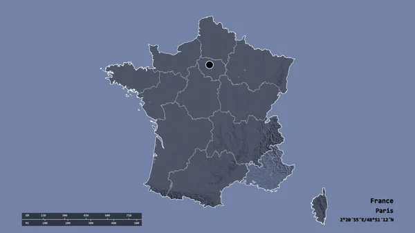 主要な地域部門 分離されたプロヴァンス アルプ コート ダズール地域でフランスの荒廃した形 ラベル 色の標高マップ 3Dレンダリング — ストック写真
