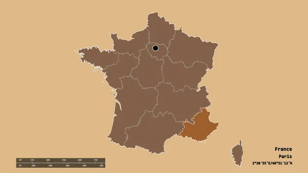 主要な地域部門 分離されたプロヴァンス アルプ コート ダズール地域でフランスの荒廃した形 ラベル パターン化されたテクスチャの構成 3Dレンダリング — ストック写真