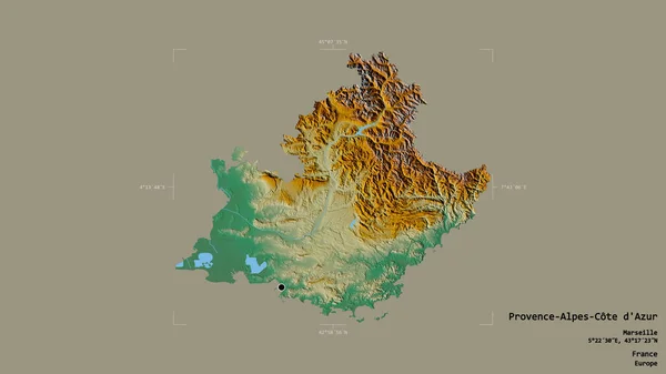 Provence Alpes Cote Azur地区 法国区域 在一个地理参考方块中的坚实背景上被隔离 地形浮雕图 3D渲染 — 图库照片