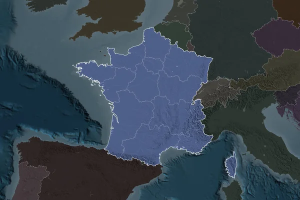 Форма Франції Розділена Падінням Сусідніх Районів Межі Кольорові Карти Висот — стокове фото
