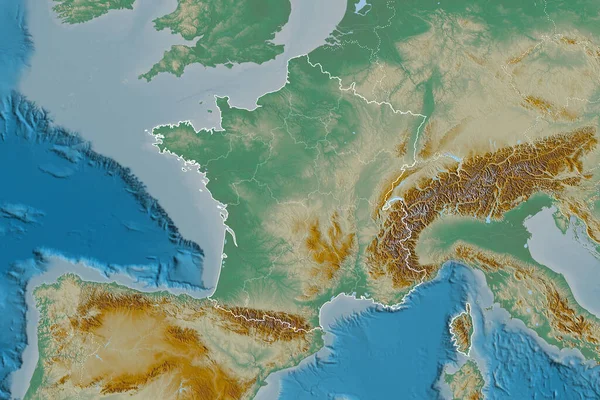 Розширена Територія Франції Обрисами Країни Міжнародними Регіональними Кордонами Карта Рельєфу — стокове фото