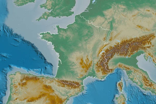 Rozszerzony Obszar Zarysowanej Francji Mapa Pomocy Topograficznej Renderowanie — Zdjęcie stockowe