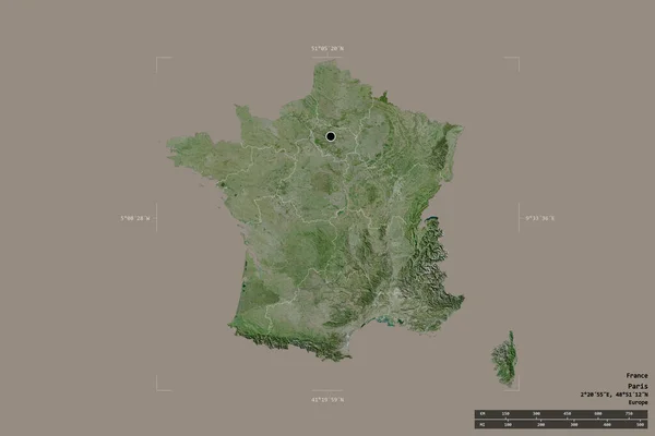 Area of France isolated on a solid background in a georeferenced bounding box. Main regional division, distance scale, labels. Satellite imagery. 3D rendering