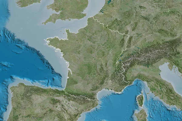 Rozszerzony Obszar Francji Zarysem Kraju Granicami Międzynarodowymi Regionalnymi Zdjęcia Satelitarne — Zdjęcie stockowe