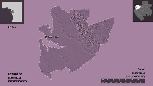 ガボン県とその首都エスタイールの形 距離スケール プレビューおよびラベル 色の標高マップ 3Dレンダリング — ストック写真