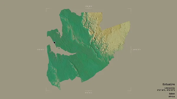 Area of Estuaire, province of Gabon, isolated on a solid background in a georeferenced bounding box. Labels. Topographic relief map. 3D rendering