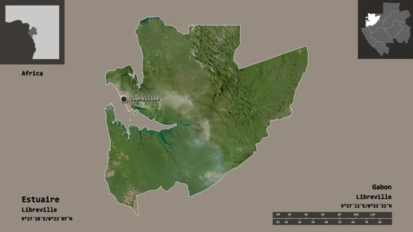 加蓬省埃斯图莱尔的形状及其首都 距离刻度 预览和标签 卫星图像 3D渲染 — 图库照片