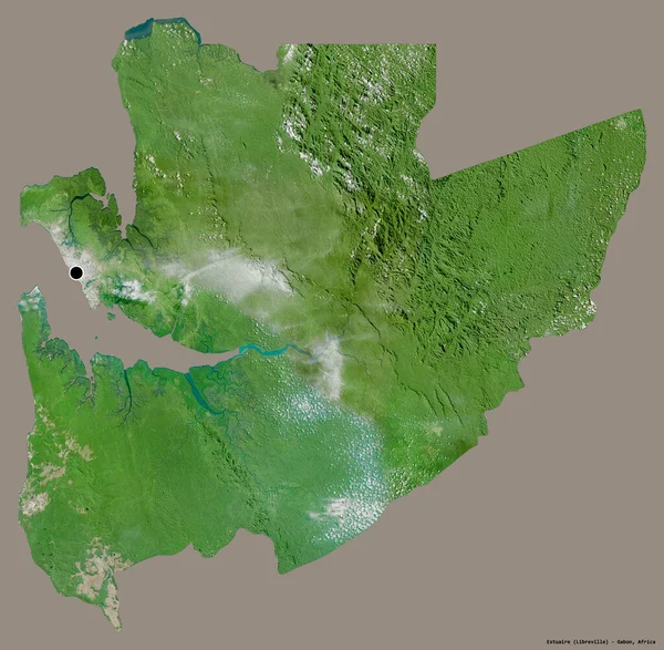 Shape of Estuaire, province of Gabon, with its capital isolated on a solid color background. Satellite imagery. 3D rendering