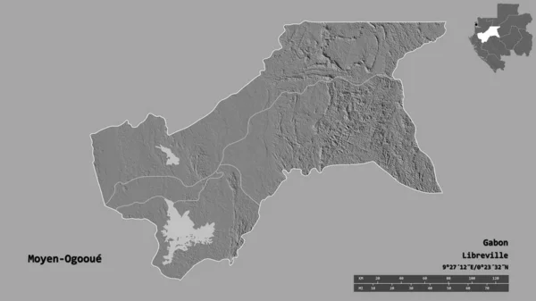 ガボン国のモイヤン オオゴエの形で その首都はしっかりとした背景に孤立している 距離スケール リージョンプレビュー およびラベル 標高マップ 3Dレンダリング — ストック写真