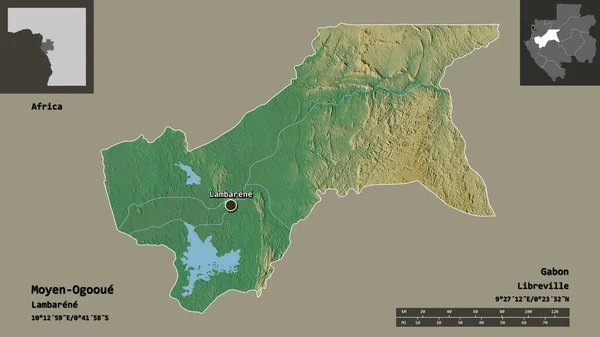加蓬省中奥戈伊的形状及其首都 距离刻度 预览和标签 地形浮雕图 3D渲染 — 图库照片