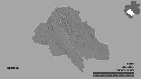 ガボン県のヌニー県の形で その首都はしっかりとした背景に隔離されています 距離スケール リージョンプレビュー およびラベル 標高マップ 3Dレンダリング — ストック写真