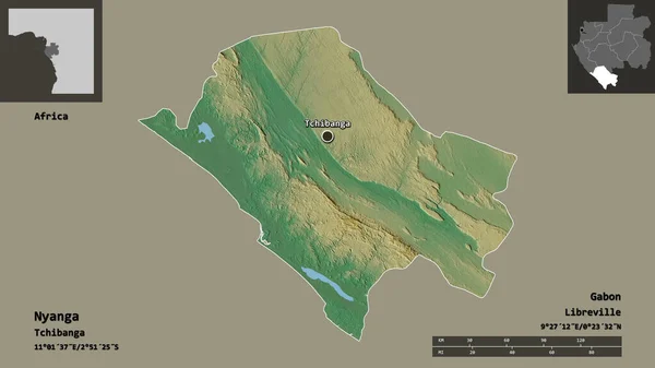 加蓬省尼扬加的形状及其首都 距离刻度 预览和标签 地形浮雕图 3D渲染 — 图库照片