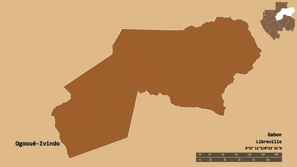 ガボン国大子上イヴィンドの形で その首都はしっかりとした背景に孤立している 距離スケール リージョンプレビュー およびラベル パターン化されたテクスチャの構成 3Dレンダリング — ストック写真
