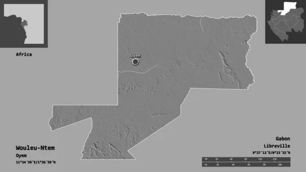 ガボンの州であるWouleu Ntemとその首都の形 距離スケール プレビューおよびラベル 標高マップ 3Dレンダリング — ストック写真