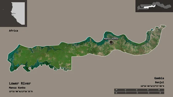 Tvar Dolní Řeky Rozdělení Gambie Jejího Hlavního Města Měřítko Vzdálenosti — Stock fotografie
