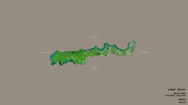 冈比亚划分的下河地区 在一个地理参考方块中被坚实的背景隔离 卫星图像 3D渲染 — 图库照片