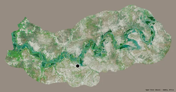 ガンビアの一部門である上流の川の形で その首都はしっかりとした色の背景に隔離されている 衛星画像 3Dレンダリング — ストック写真