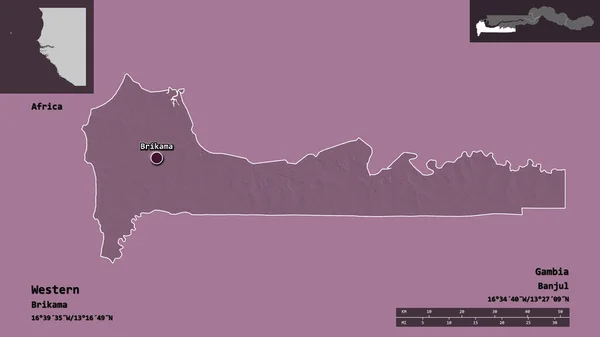 西部の形 ガンビアの分割 その首都 距離スケール プレビューおよびラベル 色の標高マップ 3Dレンダリング — ストック写真