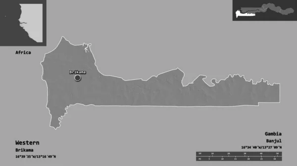 西方的形状 冈比亚的划分 以及首都 距离刻度 预览和标签 Bilevel高程图 3D渲染 — 图库照片