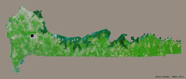 ガンビアの分断された西部の形で その首都はしっかりとした色の背景に隔離されています 衛星画像 3Dレンダリング — ストック写真