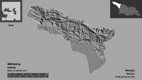 アブハジアの形 ジョージア自治共和国とその首都 距離スケール プレビューおよびラベル 標高マップ 3Dレンダリング — ストック写真