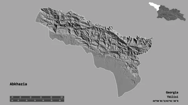 格鲁吉亚自治共和国阿布哈兹的形状 其首都在坚实的背景下与世隔绝 距离尺度 区域预览和标签 Bilevel高程图 3D渲染 — 图库照片